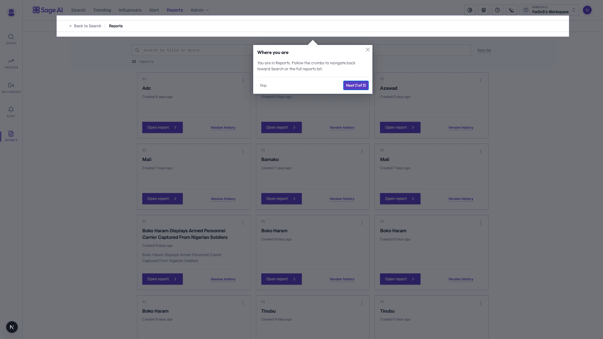 SageAI reports generation workspace